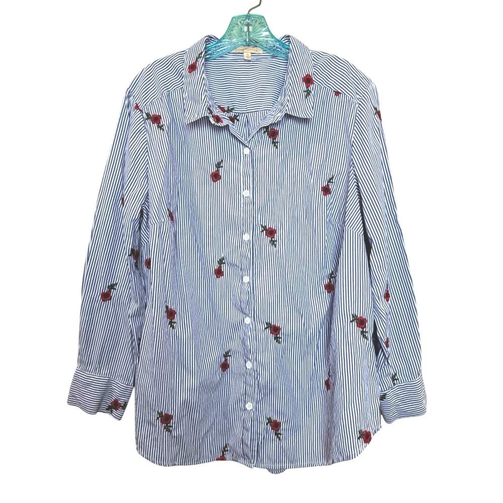 Gibson & Latimer Button Down Women 1X Blue Stripe Red Floral Poppy Embroidered